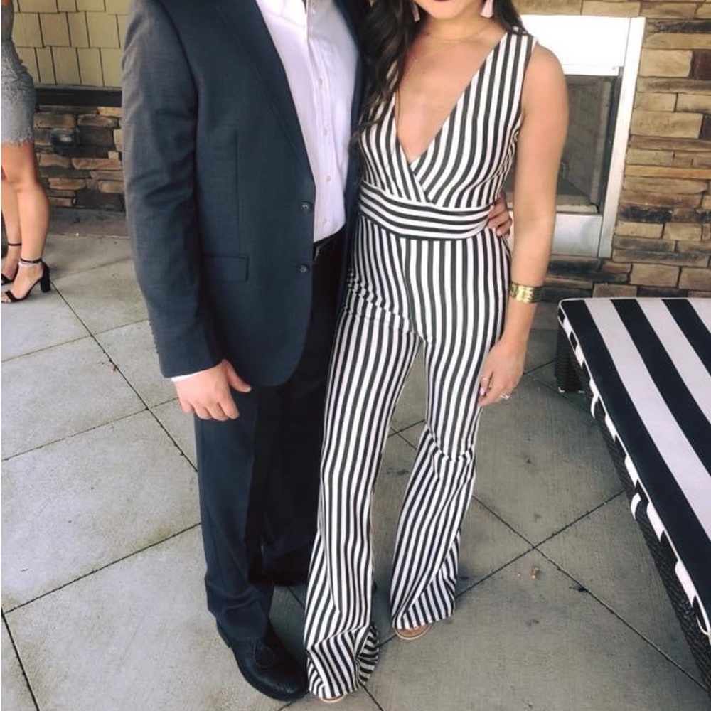 White & olive green striped jumpsuit